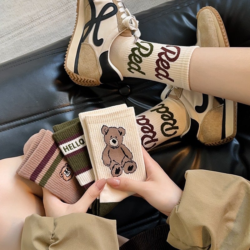 American College Style Cartoon Bear Mid-Calf Socks for Women Bear  - Image 4