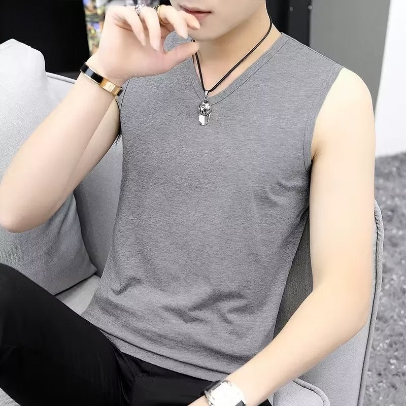 Modal Cotton V-Neck Mens Tank Top Summer Sleeveless T-Shirt dark gray  - Image 2