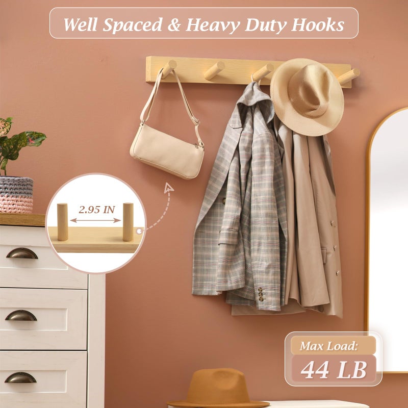 HOMEBROS Coat Rack Wall Mount, Wooden Coat Hanger with 5 Hooks, Heavy Duty, Natural, 1 Pcs - Image 4