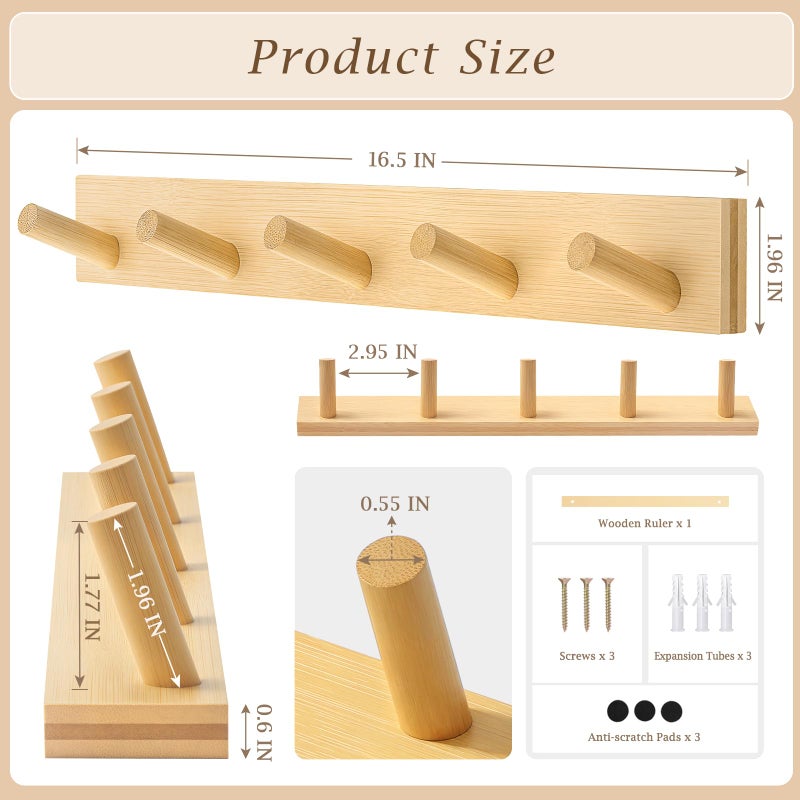 HOMEBROS Coat Rack Wall Mount, Wooden Coat Hanger with 5 Hooks, Heavy Duty, Natural, 1 Pcs - Image 5