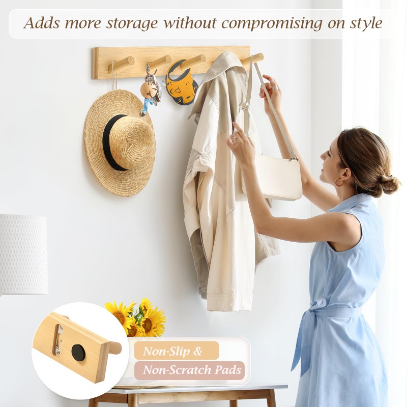HOMEBROS Coat Rack Wall Mount, Wooden Coat Hanger with 5 Hooks, Heavy Duty, Natural, 1 Pcs - Image 2
