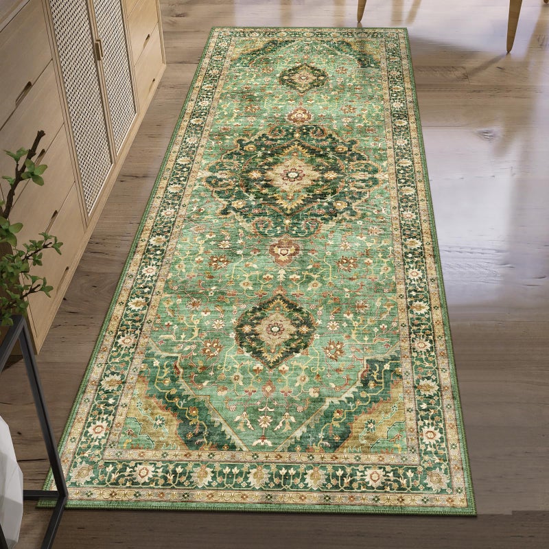 Deerly Green Runner Rugs for Hallway 2x6 Ft Non-Slip Fall Runner Rugs with Rubber Backing Washable Rug Runner for Kitchen Bedroom Vintage Distressed Carpet (Border Green) - Image 5
