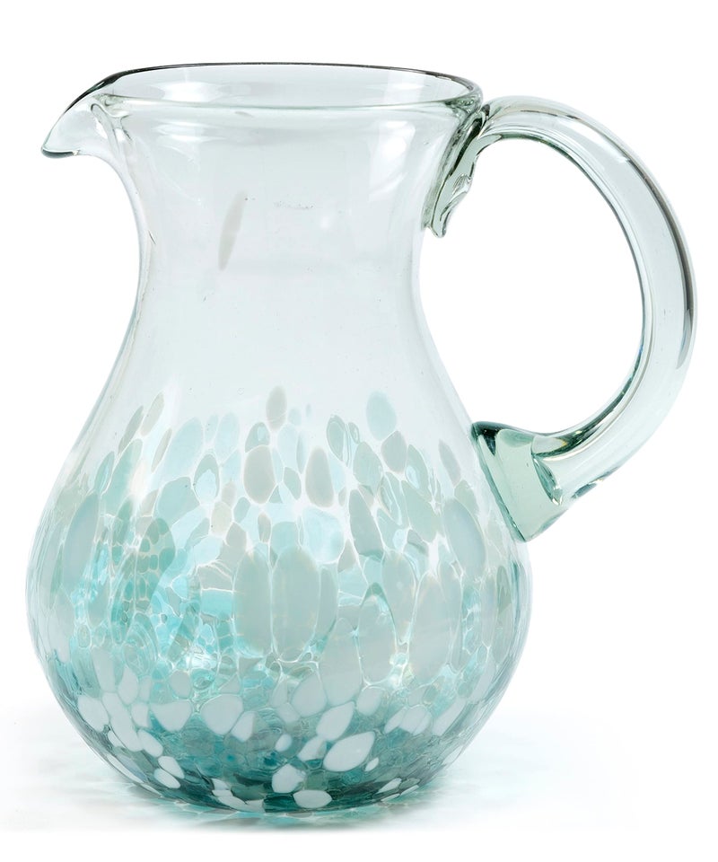 HANDMADE CON AMOR  80 oz Hand Blown Mexican Pitcher  Ocean Blue Confetti