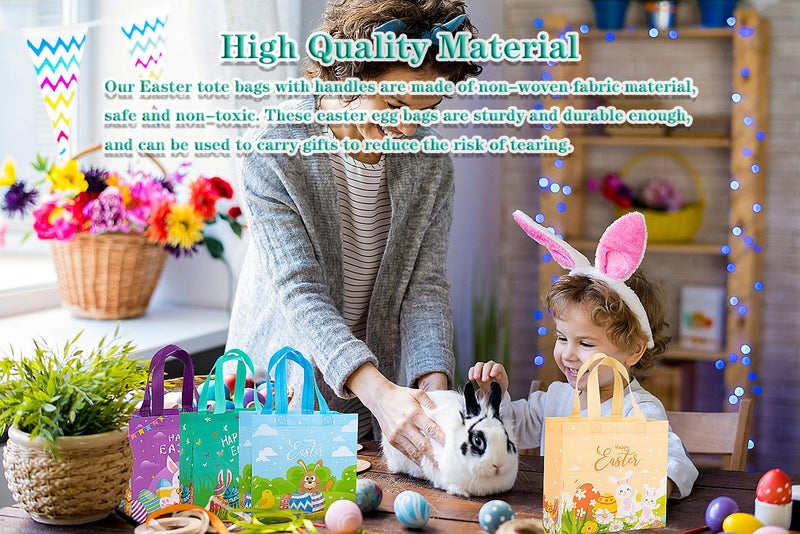 Jaywayang 4Pcs Happy Easter Gift Bags, Easter Non-woven Bags with Handle, Reusable Goodie Bags for Kids, Rabbit Bunny Treat Bags, Party Supplies. - Image 3