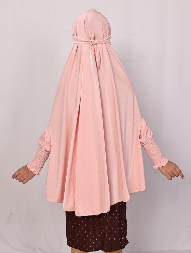 ICW Girls' Prayer Polyknit Jersey Islamic Long-Sleeves with Smocking Jilbab Khimar MakhanaHijab For Kids (Peach, 3-7 Years (36 inch Lenght)) - Image 4