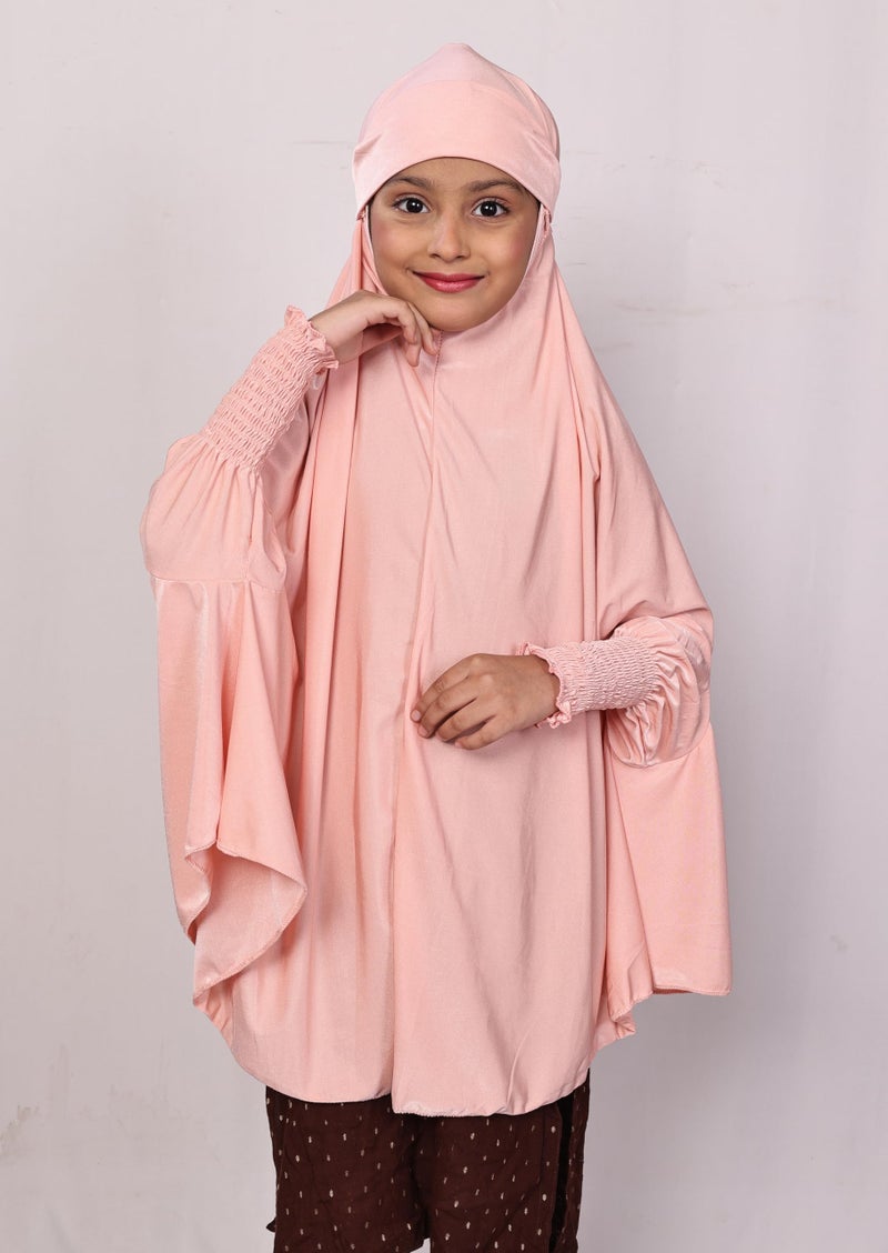 ICW Girls' Prayer Polyknit Jersey Islamic Long-Sleeves with Smocking Jilbab Khimar MakhanaHijab For Kids (Peach, 3-7 Years (36 inch Lenght)) - Image 3