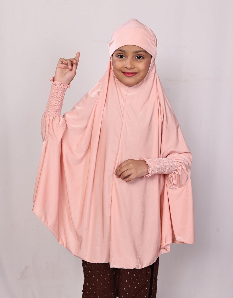 ICW Girls' Prayer Polyknit Jersey Islamic Long-Sleeves with Smocking Jilbab Khimar MakhanaHijab For Kids (Peach, 3-7 Years (36 inch Lenght)) - Image 2