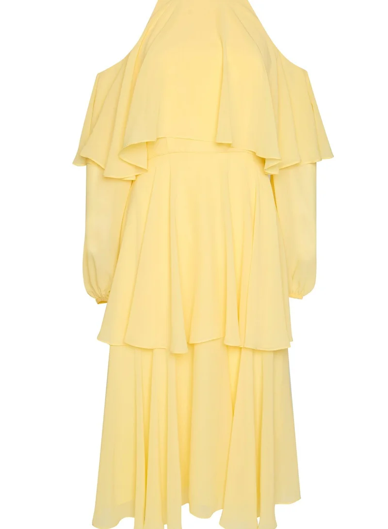 True Decadence Pale Yellow Cold Shoulder Midi Dress