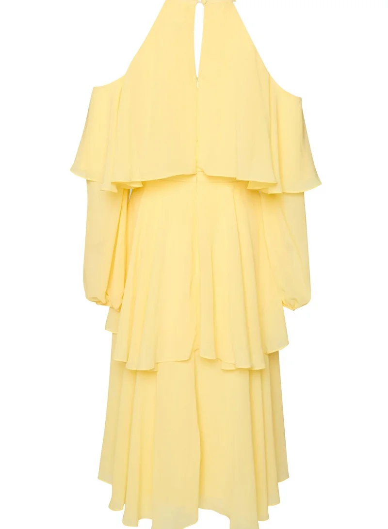 True Decadence Pale Yellow Cold Shoulder Midi Dress
