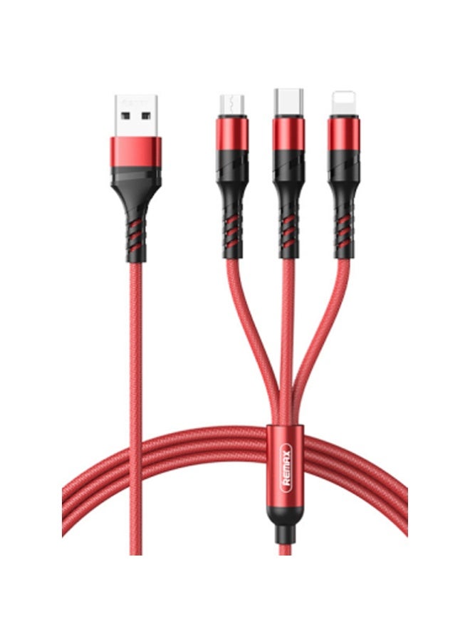 ريماكس كابل شحن سريع 3 في 1 من USB إلى Lightning وMicro USB وType-C، كابل مضفر متين بطول 120 سم مع شريحة ذكية، سلك شحن سريع 3.1 أمبير بحد أقصى للهواتف الذكية والأجهزة اللوحية وأجهزة Android وiPhone والمزيد - أحمر - Image 1