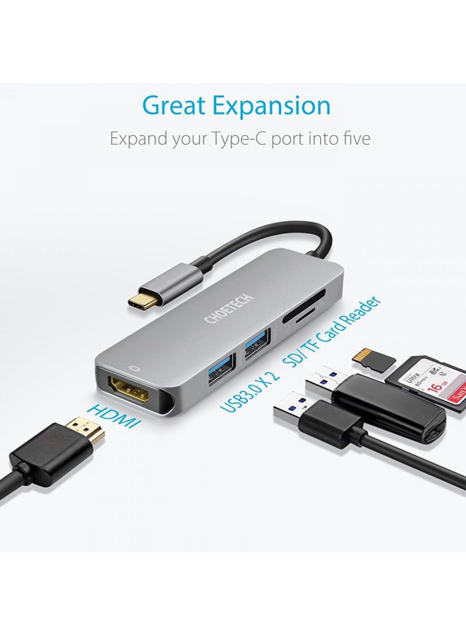 CHOETECH USB-C Data Hub Adapter 5-In-1 Silver - Image 3