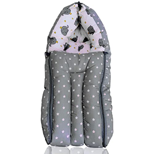 Infans Mini Elephant Mini 3 in 1 Baby's Cotton Bed Cum Carry Bed Printed Baby Sleeping Bag-Baby Bed-Infant Portable for Unisex Easily Portable, Light Weight Carry for New Born 0-4 Months Old(Grey) - Image 1