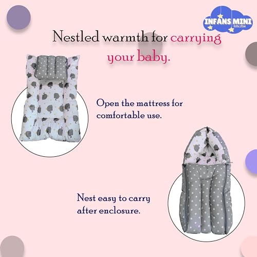 Infans Mini Elephant Mini 3 in 1 Baby's Cotton Bed Cum Carry Bed Printed Baby Sleeping Bag-Baby Bed-Infant Portable for Unisex Easily Portable, Light Weight Carry for New Born 0-4 Months Old(Grey) - Image 3