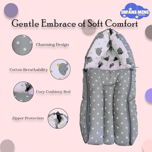 Infans Mini Elephant Mini 3 in 1 Baby's Cotton Bed Cum Carry Bed Printed Baby Sleeping Bag-Baby Bed-Infant Portable for Unisex Easily Portable, Light Weight Carry for New Born 0-4 Months Old(Grey) - Image 4