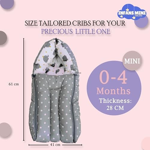 Infans Mini Elephant Mini 3 in 1 Baby's Cotton Bed Cum Carry Bed Printed Baby Sleeping Bag-Baby Bed-Infant Portable for Unisex Easily Portable, Light Weight Carry for New Born 0-4 Months Old(Grey) - Image 2