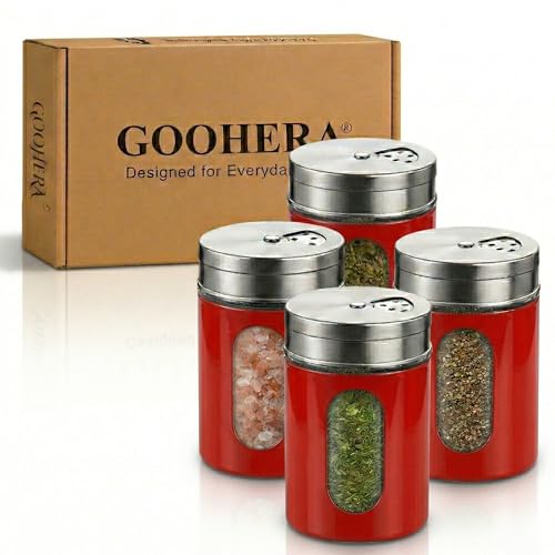 GOOHERA 4-Piece Salt and Pepper Shakers Set, 100mL (3.38oz) Each – Premium Stainless Steel Spice Dispensers with Adjustable Pour Holes – RED - Image 1