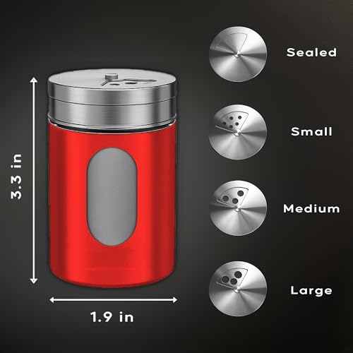 GOOHERA 4-Piece Salt and Pepper Shakers Set, 100mL (3.38oz) Each – Premium Stainless Steel Spice Dispensers with Adjustable Pour Holes – RED - Image 3
