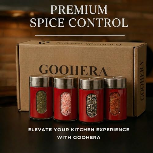 GOOHERA 4-Piece Salt and Pepper Shakers Set, 100mL (3.38oz) Each – Premium Stainless Steel Spice Dispensers with Adjustable Pour Holes – RED - Image 2