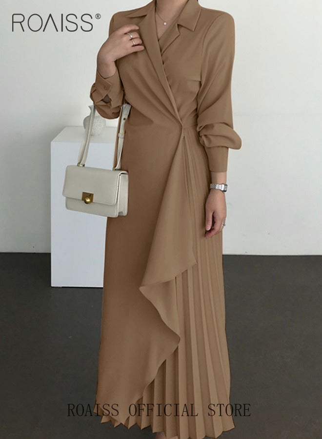 roaiss Ladies Tunic Dress Solid Color Formal Elegant Asymmetrical Pleated Design High Waiste Dress Vintage V-Neck Lapel Long Suit Ankle Length Dress for Women Casual Ramadan Brown - Image 3