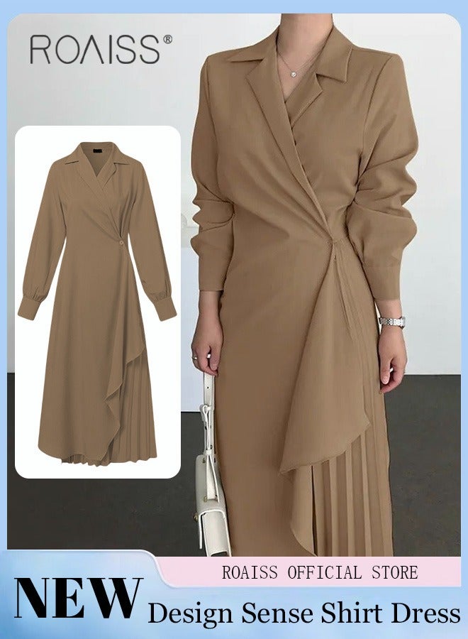 roaiss Ladies Tunic Dress Solid Color Formal Elegant Asymmetrical Pleated Design High Waiste Dress Vintage V-Neck Lapel Long Suit Ankle Length Dress for Women Casual Ramadan Brown - Image 1