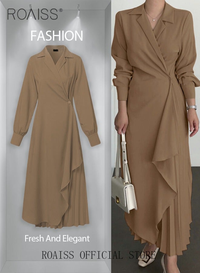 roaiss Ladies Tunic Dress Solid Color Formal Elegant Asymmetrical Pleated Design High Waiste Dress Vintage V-Neck Lapel Long Suit Ankle Length Dress for Women Casual Ramadan Brown - Image 5