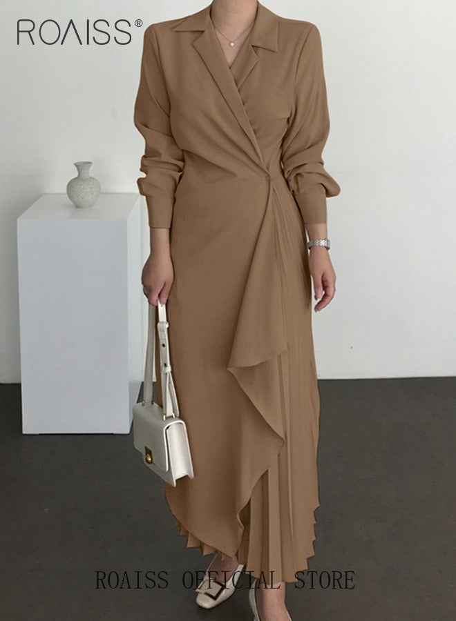 roaiss Ladies Tunic Dress Solid Color Formal Elegant Asymmetrical Pleated Design High Waiste Dress Vintage V-Neck Lapel Long Suit Ankle Length Dress for Women Casual Ramadan Brown - Image 4