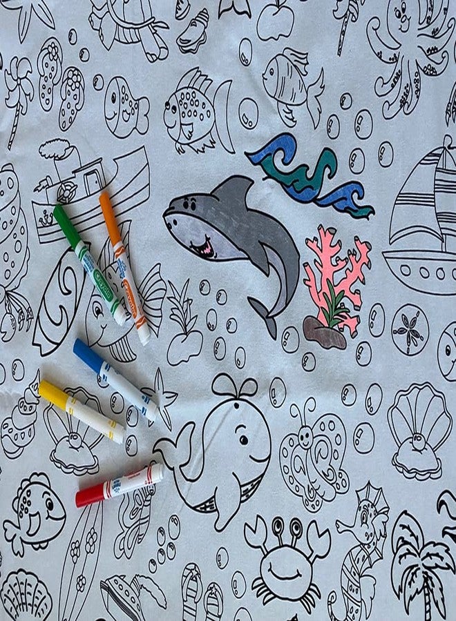 The Coloring Table Oceantime Fun Design – Square Tablecloth 60”X60” - Interactive Coloring Tablecloth for Kids – Poly/Cotton Fabric - Washable and Reusable – DIY Activity for Children and Adults - Image 1