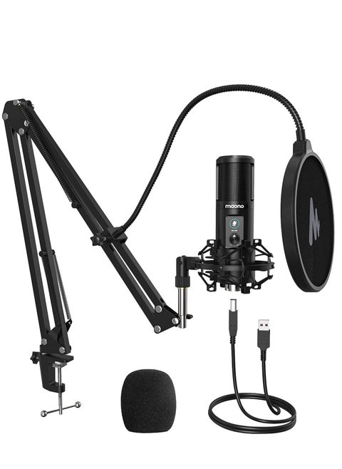 Maono Maonocaster AU-PM421 USB Microphone Kit with One-Touch Mute and Mic Gain Knob, Black