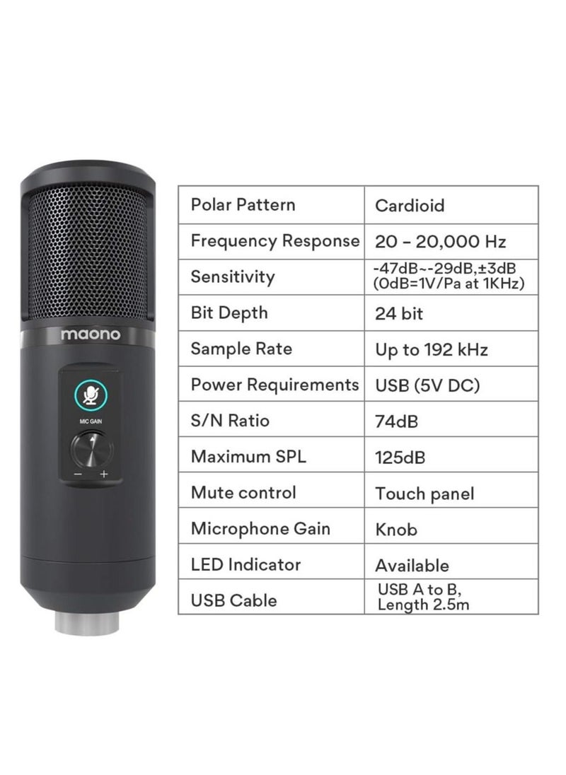 Maono - Maono Maonocaster AU-PM421 USB Microphone Kit with One-Touch Mute and Mic Gain Knob, Black - Image 1
