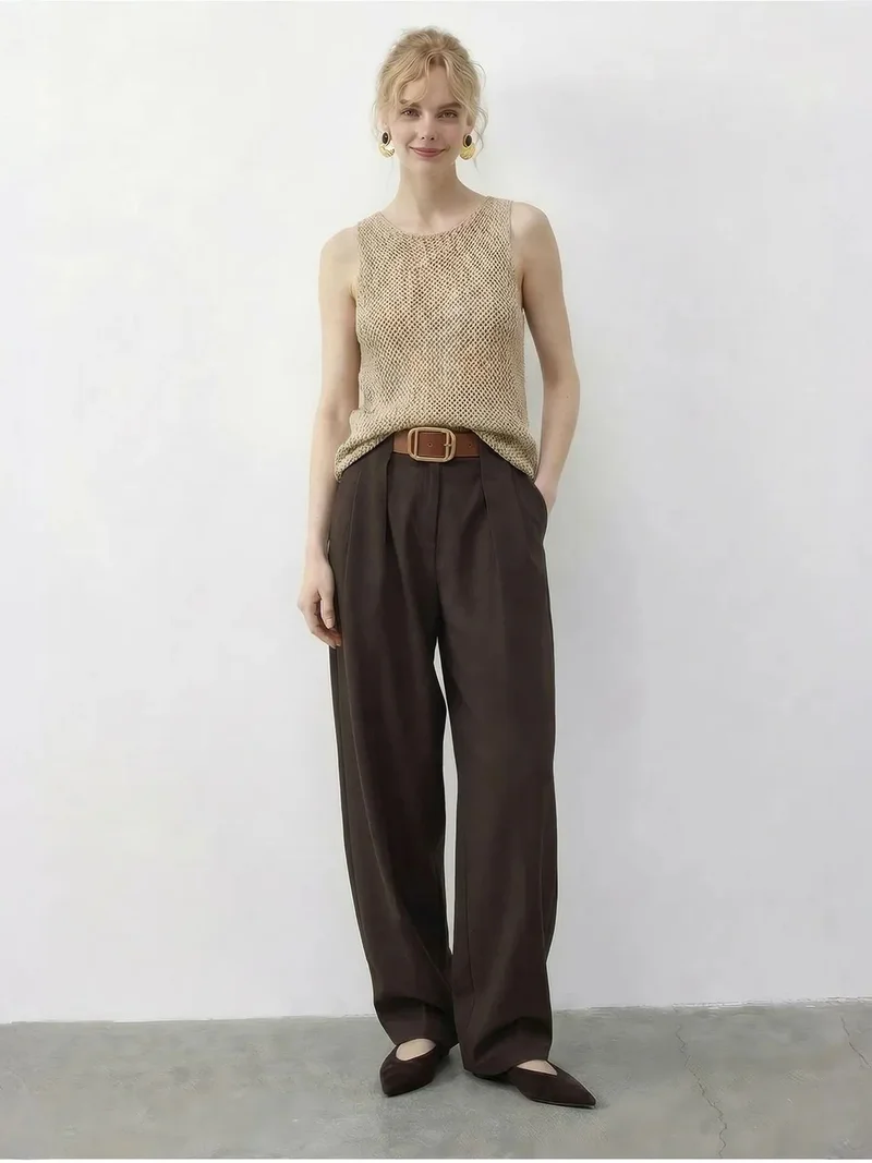بيانكو لوتشي LUCCI High Waist Wide Leg Palazzo Pants with Belt