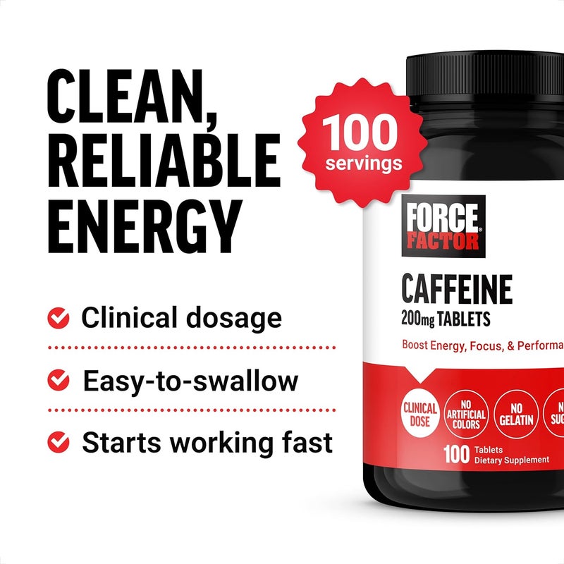Force Factor Caffeine Pills 200mg Boost Energy Focus Strength and Performance Premium Quality Tablets Energy Support Supplement 100 Tablets - Image 3