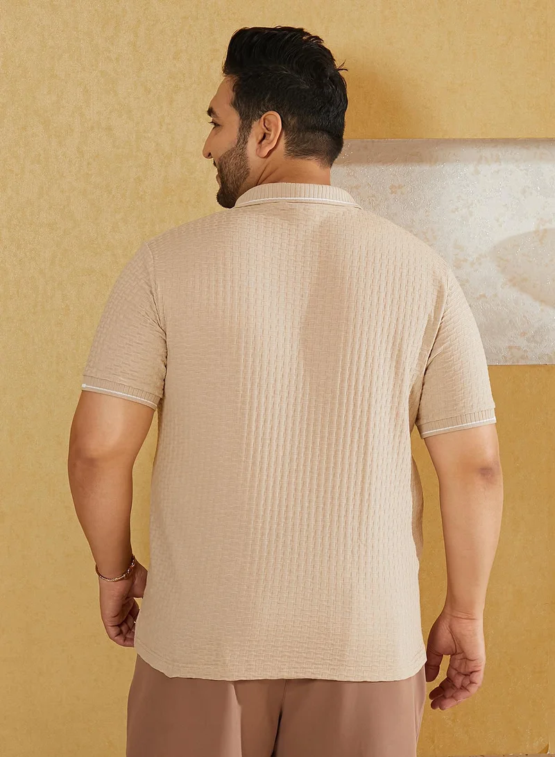 Instafab Plus  Men's Saltbox Beige Interweave-Textured Polo T-Shirt for Men | Best Price UAE