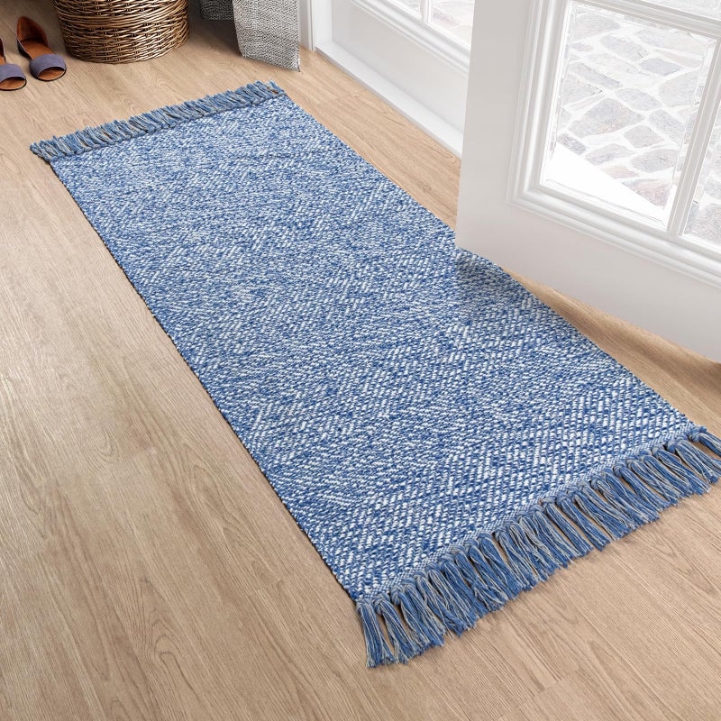 Collive Kitchen Runner Rug 2 x 43 HandWoven Reversible Washable Rug Navy Blue Cotton Modern Farmhouse Bathroom Rug Hallway Carpet for Foyer Bedroom Entry Back Door Decor