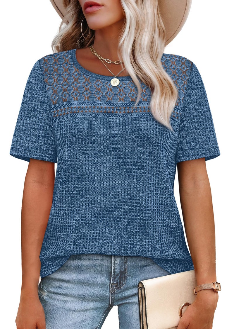 OFEEFAN Womens Shirts Dressy Casual Short Sleeve Tops Crochet Lace Waffle Knit Business Western Outfits Spring Summer Plus Size Fashion Clothing Blue L - Image 2