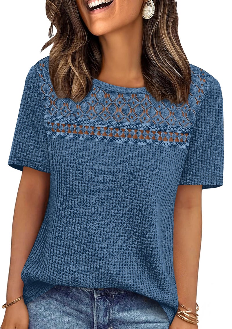 OFEEFAN Womens Shirts Dressy Casual Short Sleeve Tops Crochet Lace Waffle Knit Business Western Outfits Spring Summer Plus Size Fashion Clothing Blue L - Image 1