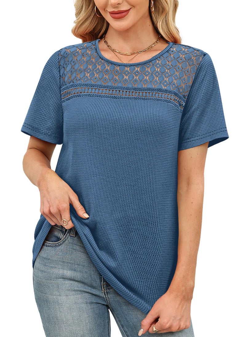 OFEEFAN Womens Shirts Dressy Casual Short Sleeve Tops Crochet Lace Waffle Knit Business Western Outfits Spring Summer Plus Size Fashion Clothing Blue L - Image 4