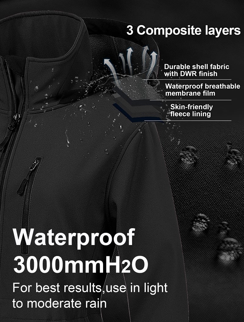 CREATMO US Women's Waterproof Softshell Jacket With Removable Hooded Thin Fleece Lined Windproof Outdoor Cycling Hiking Coat Black 2XL - Image 4