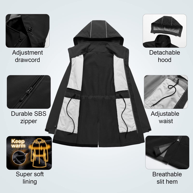 CREATMO US Women's Waterproof Softshell Jacket With Removable Hooded Thin Fleece Lined Windproof Outdoor Cycling Hiking Coat Black 2XL - Image 5