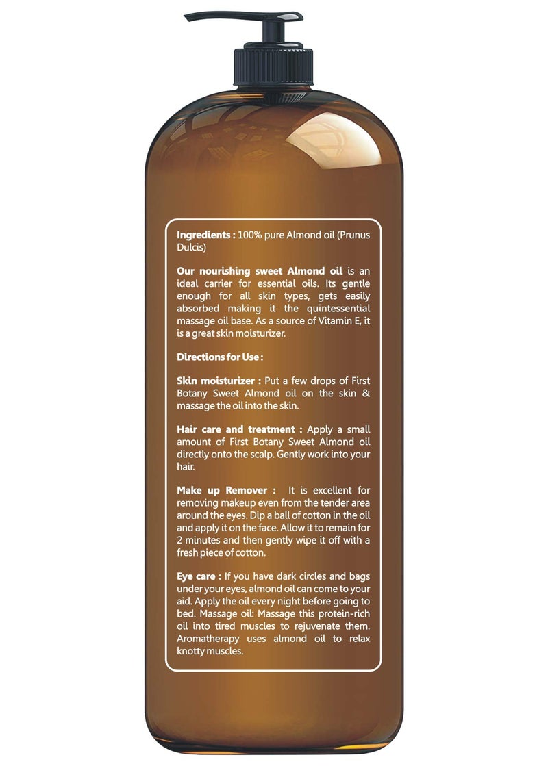 First Botany Cosmeceuticals, Cold Pressed Sweet Almond Oil - Triple AAA+ Grade Quality, For Hair, For Skin and For Face, 100% Pure and Natural with Pump dispenser, 16 fl oz - Image 2