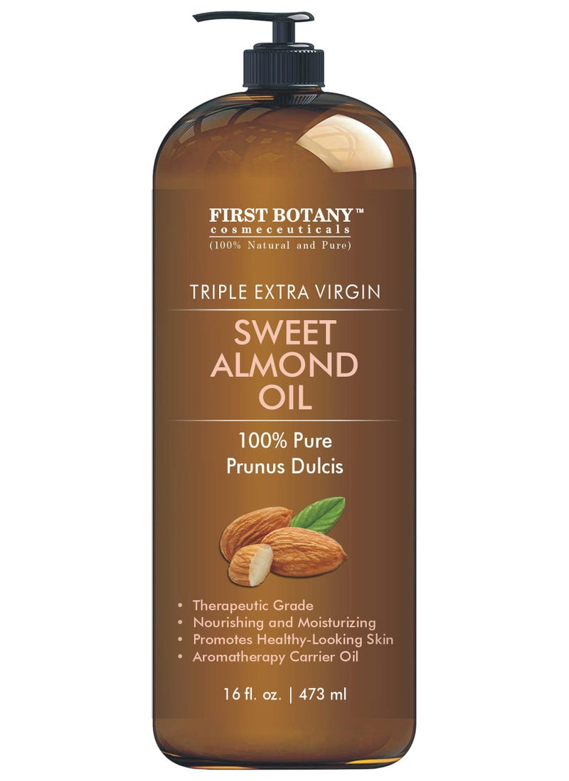 First Botany Cosmeceuticals, Cold Pressed Sweet Almond Oil - Triple AAA+ Grade Quality, For Hair, For Skin and For Face, 100% Pure and Natural with Pump dispenser, 16 fl oz - Image 1