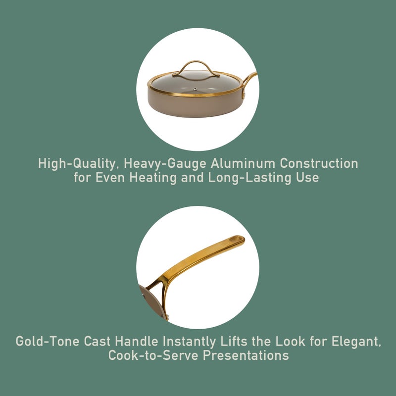 Bloomhouse - Two Time Oprah's Favorite Things Winner - 10 Inch Heavy Duty Aluminum Premium PFA Free Ceramic Nonstick Saute/Deep Frying Pan Skillet with Lid - Cappuccino Cream with Gold Handle - Image 3