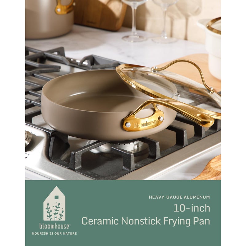 Bloomhouse - Two Time Oprah's Favorite Things Winner - 10 Inch Heavy Duty Aluminum Premium PFA Free Ceramic Nonstick Saute/Deep Frying Pan Skillet with Lid - Cappuccino Cream with Gold Handle - Image 2
