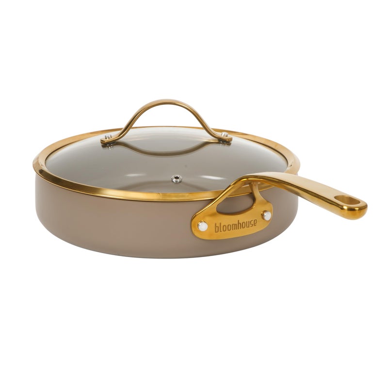 Bloomhouse - Two Time Oprah's Favorite Things Winner - 10 Inch Heavy Duty Aluminum Premium PFA Free Ceramic Nonstick Saute/Deep Frying Pan Skillet with Lid - Cappuccino Cream with Gold Handle - Image 1