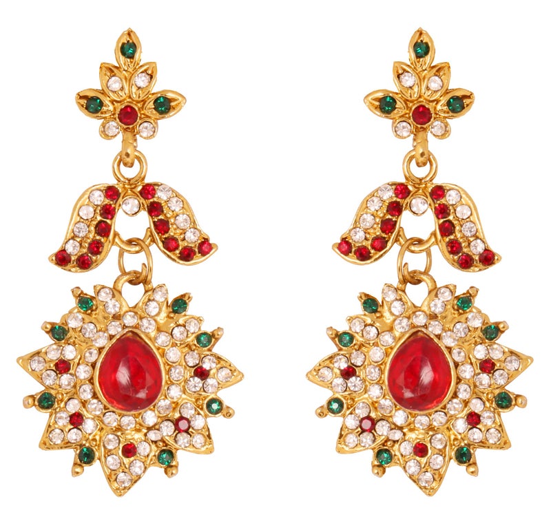 Touchstone Indian Bollywood Traditional Handcrafted White Red Green Chandelier Designer Crystal Jewelry Colorful Long Earrings Jhumki In Antique Gold Tone For Women. - Image 3