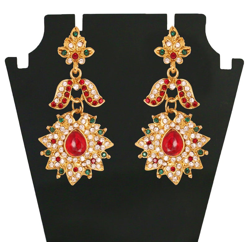 Touchstone Indian Bollywood Traditional Handcrafted White Red Green Chandelier Designer Crystal Jewelry Colorful Long Earrings Jhumki In Antique Gold Tone For Women. - Image 2
