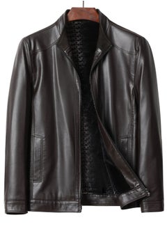 Loquat Men's Zipper Casual Leather Jacket Stand Collar Slim Fit Coat With Thick Inner Linning Brown 