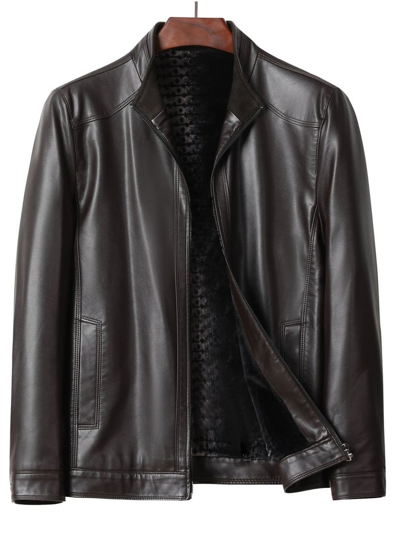 Loquat Men's Zipper Casual Leather Jacket Stand Collar Slim Fit Coat With Thick Inner Linning Brown 