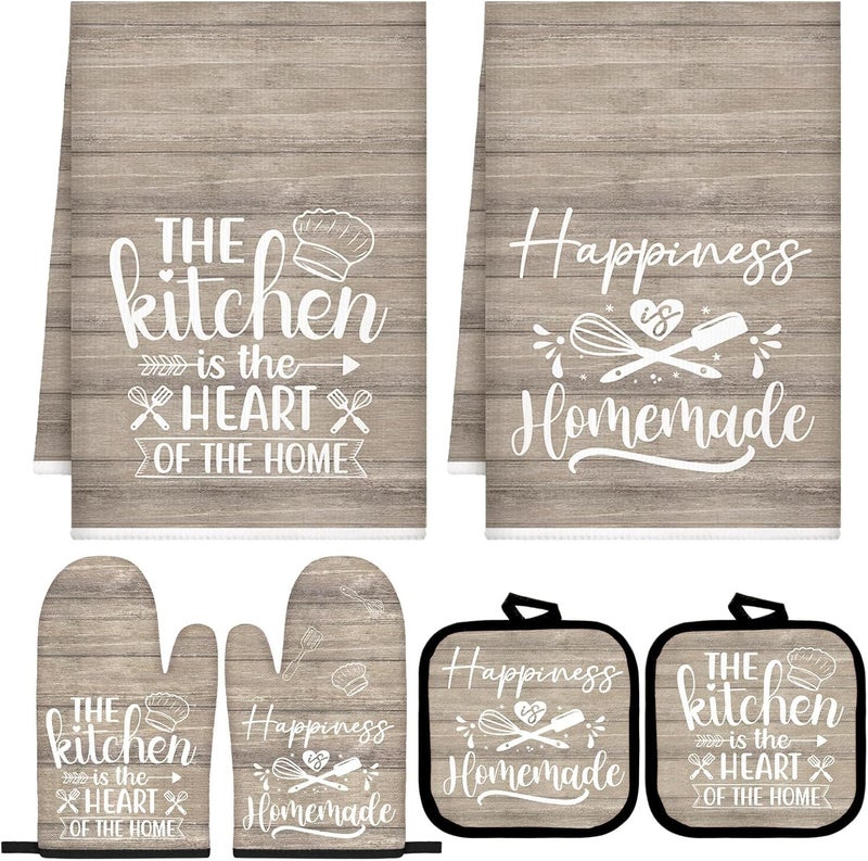 Sratte 6 Pcs Kitchen Decor Accessories Set Farmhouse Towels Pot Holders Oven Mitts Set 2 Dish Towels 2 Potholders 2 Cooking Mittens Oven Glove for Christmas Baking Cooking(Brown Wood Grain) - Image 1