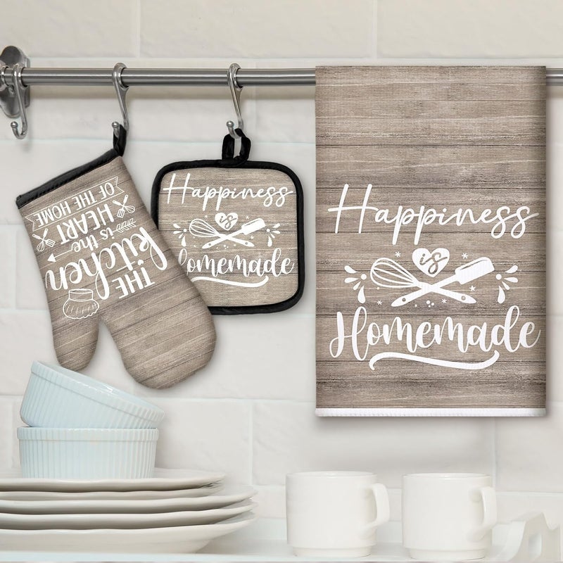 Sratte 6 Pcs Kitchen Decor Accessories Set Farmhouse Towels Pot Holders Oven Mitts Set 2 Dish Towels 2 Potholders 2 Cooking Mittens Oven Glove for Christmas Baking Cooking(Brown Wood Grain) - Image 2