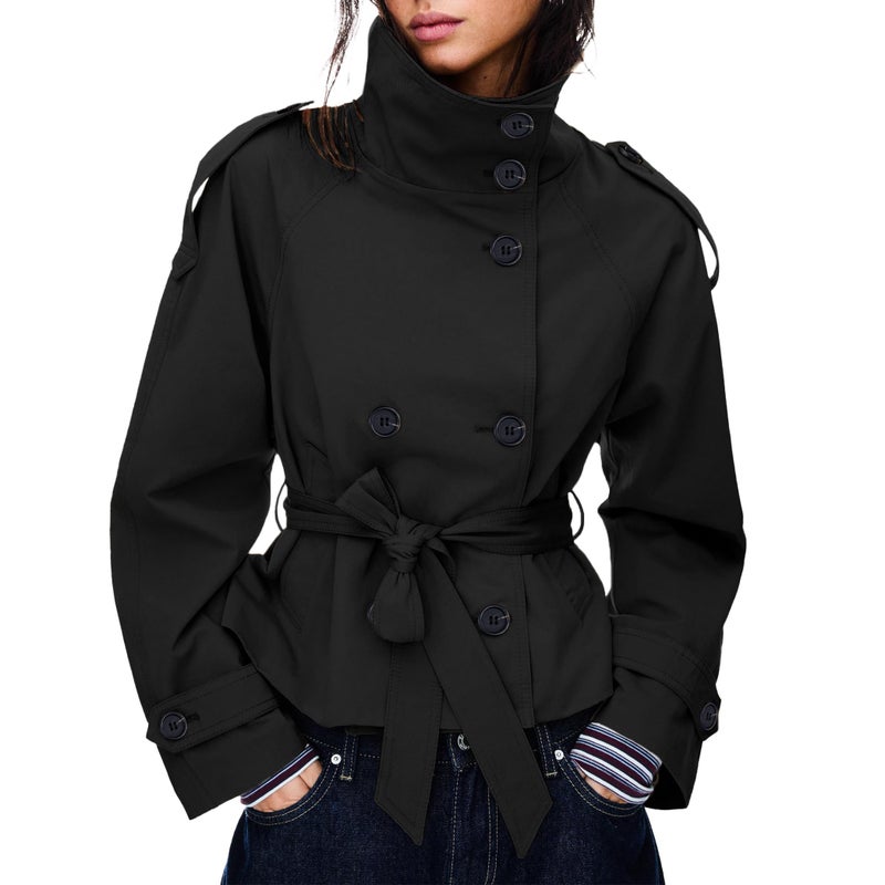 Maohao Women's Cropped Trench Coat Double Breasted Short Jacket High Collar Fall Winter Coats Trendy Outfit with Belt(Black,L) - Image 1